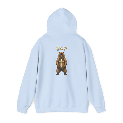 Everything Through Him Hoodie — Bear Holding Cross Christian Faith Pullover
