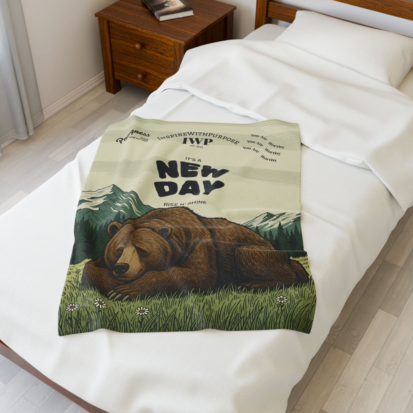 New Day Bear Velveteen Plush Blanket – 'It's a New Day' Cozy Outdoor Throw - InspireWithPurpose
