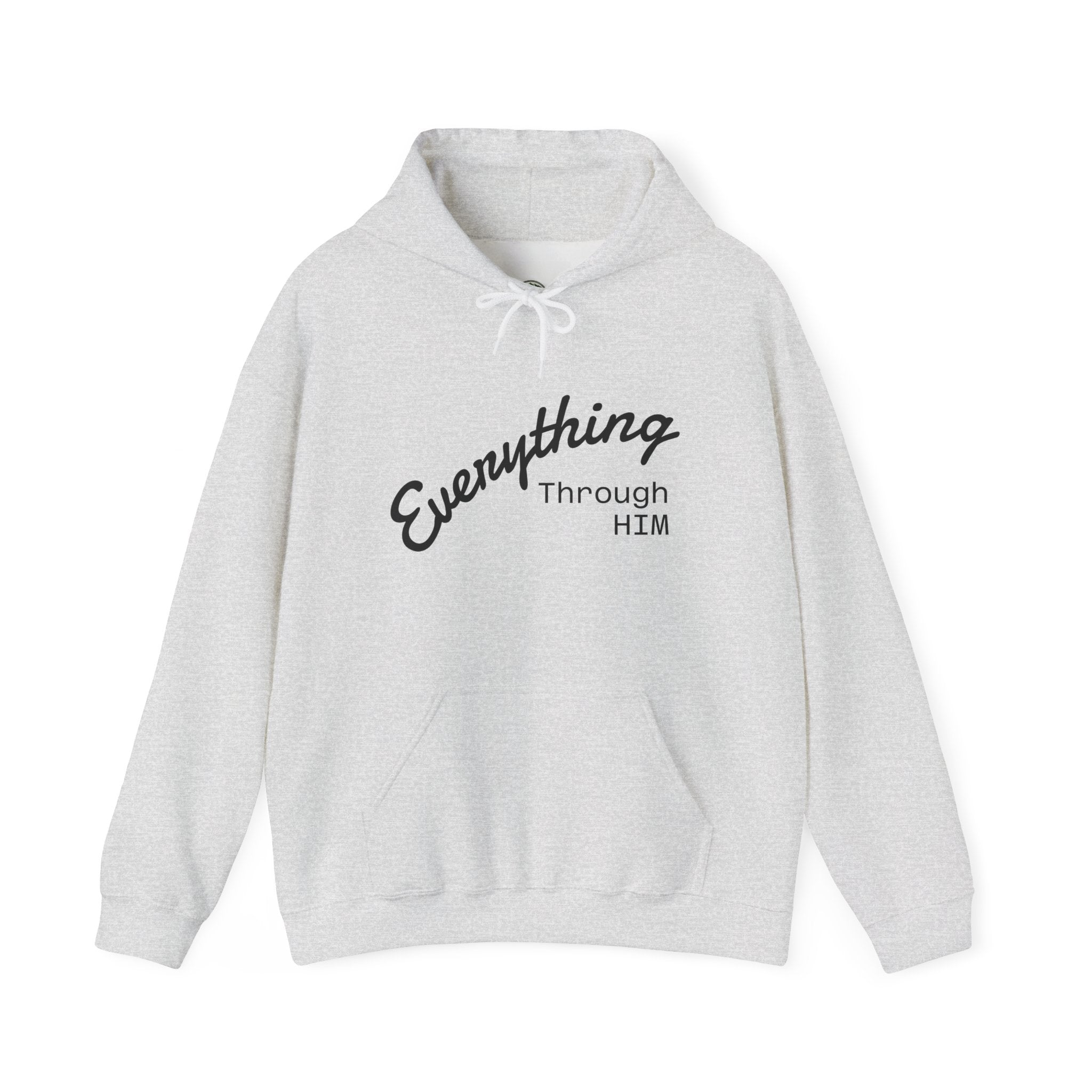 Everything Through Him Hoodie — Bear Holding Cross Christian Faith Pullover - InspireWithPurpose