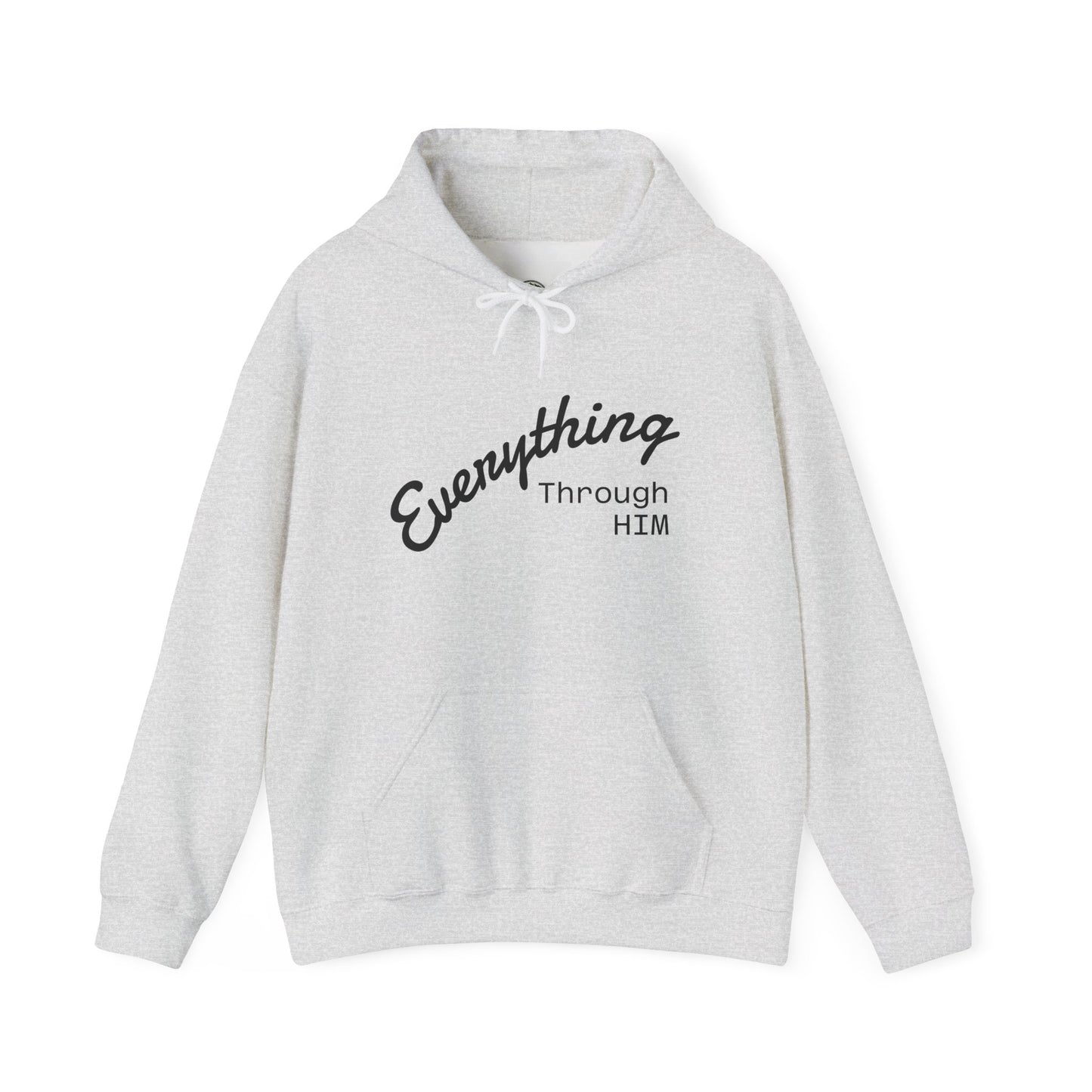 Everything Through Him Hoodie — Bear Holding Cross Christian Faith Pullover