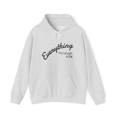 Everything Through Him Hoodie — Bear Holding Cross Christian Faith Pullover