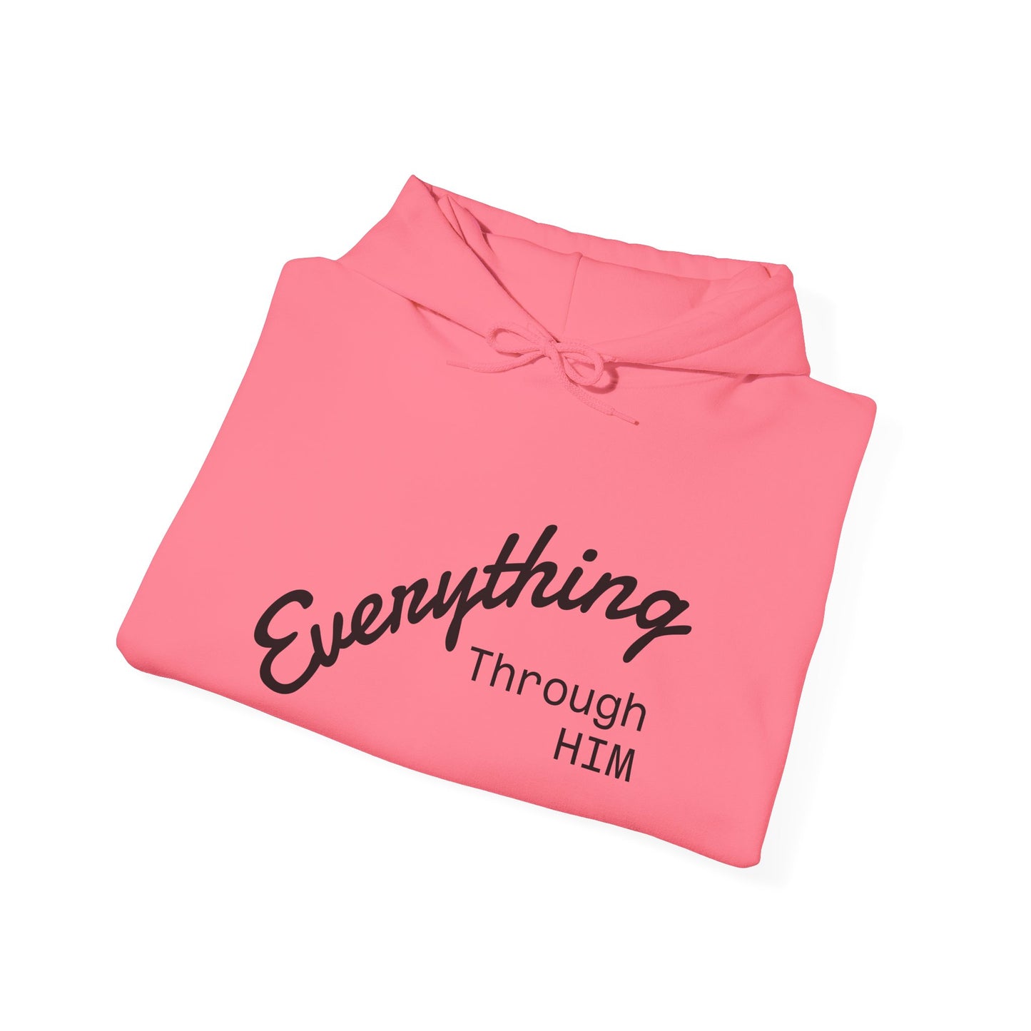 Everything Through Him Hoodie — Bear Holding Cross Christian Faith Pullover