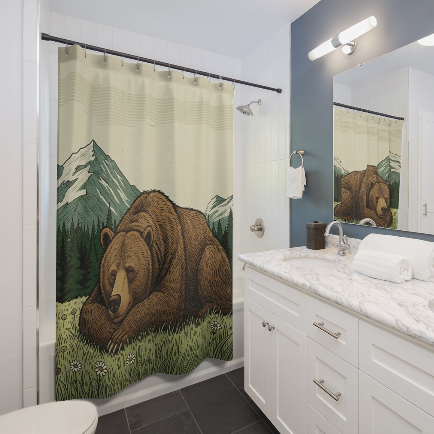 Grizzly Mountain Shower Curtain — Rustic Bear Nature Bathroom Decor - InspireWithPurpose