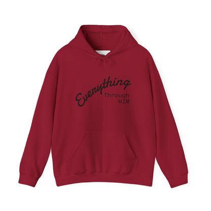 Everything Through Him Hoodie — Bear Holding Cross Christian Faith Pullover