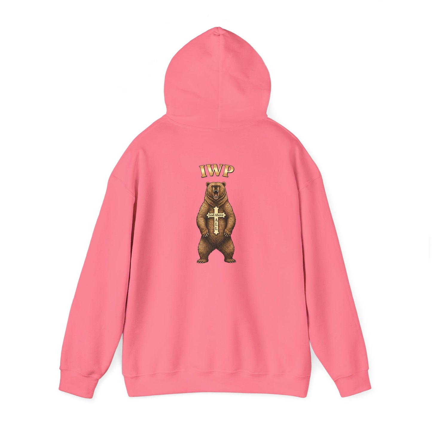 Everything Through Him Hoodie — Bear Holding Cross Christian Faith Pullover