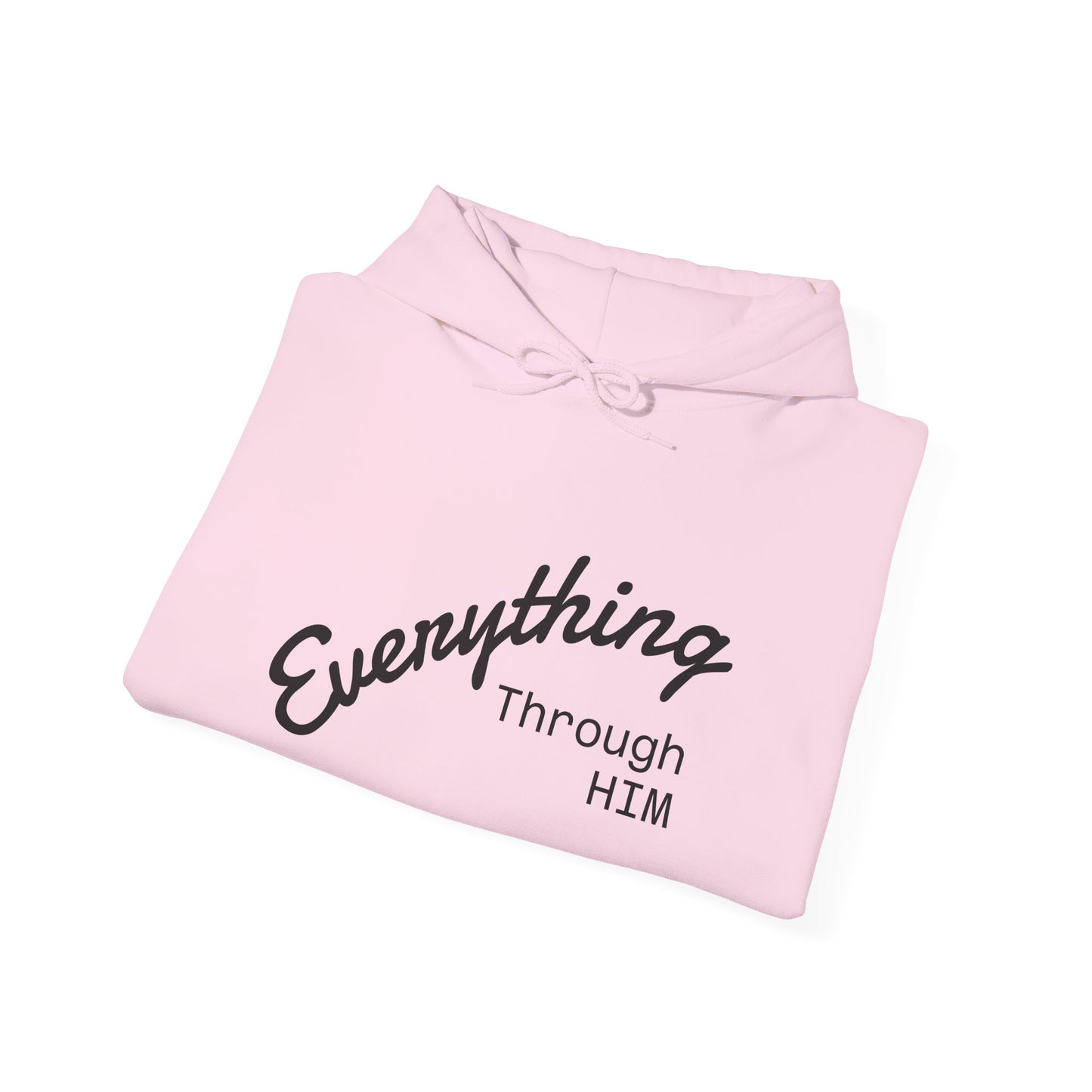 Everything Through Him Hoodie — Bear Holding Cross Christian Faith Pullover