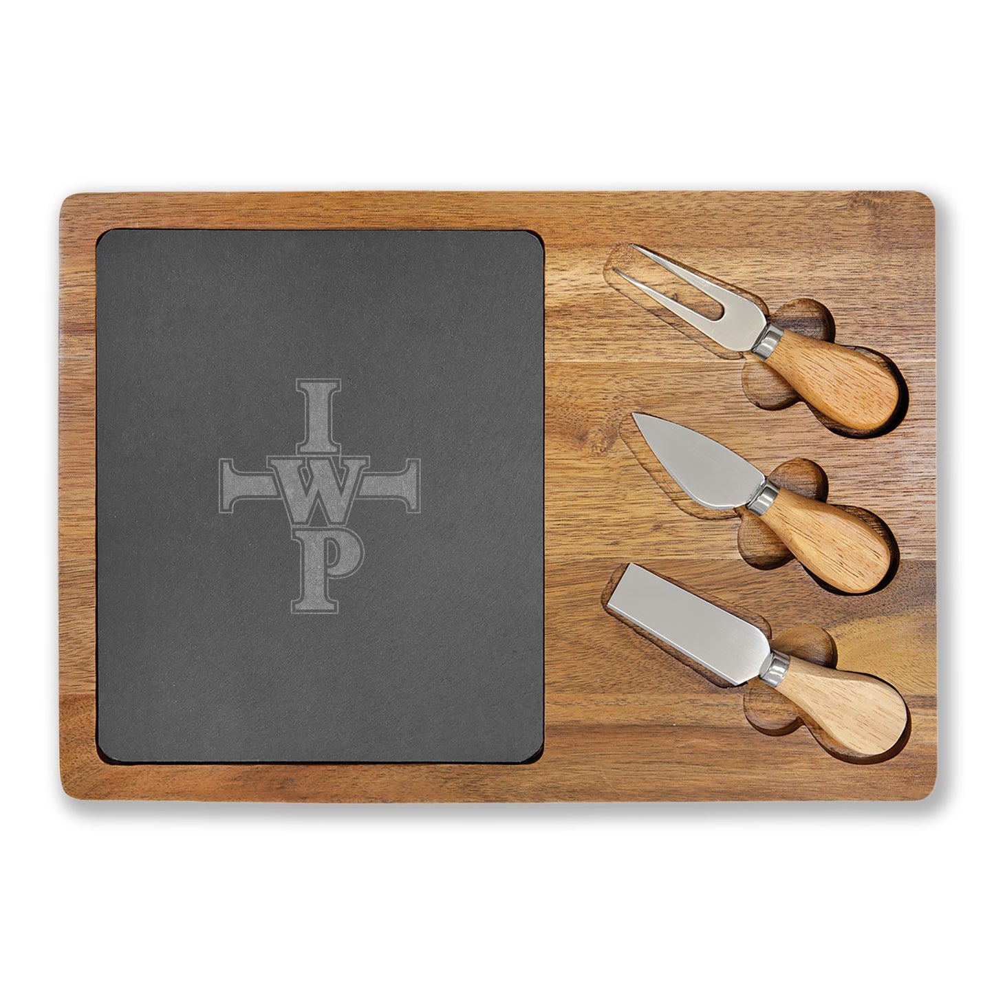 Engravable Acacia & Slate Cheese Board Set with Knives - InspireWithPurpose