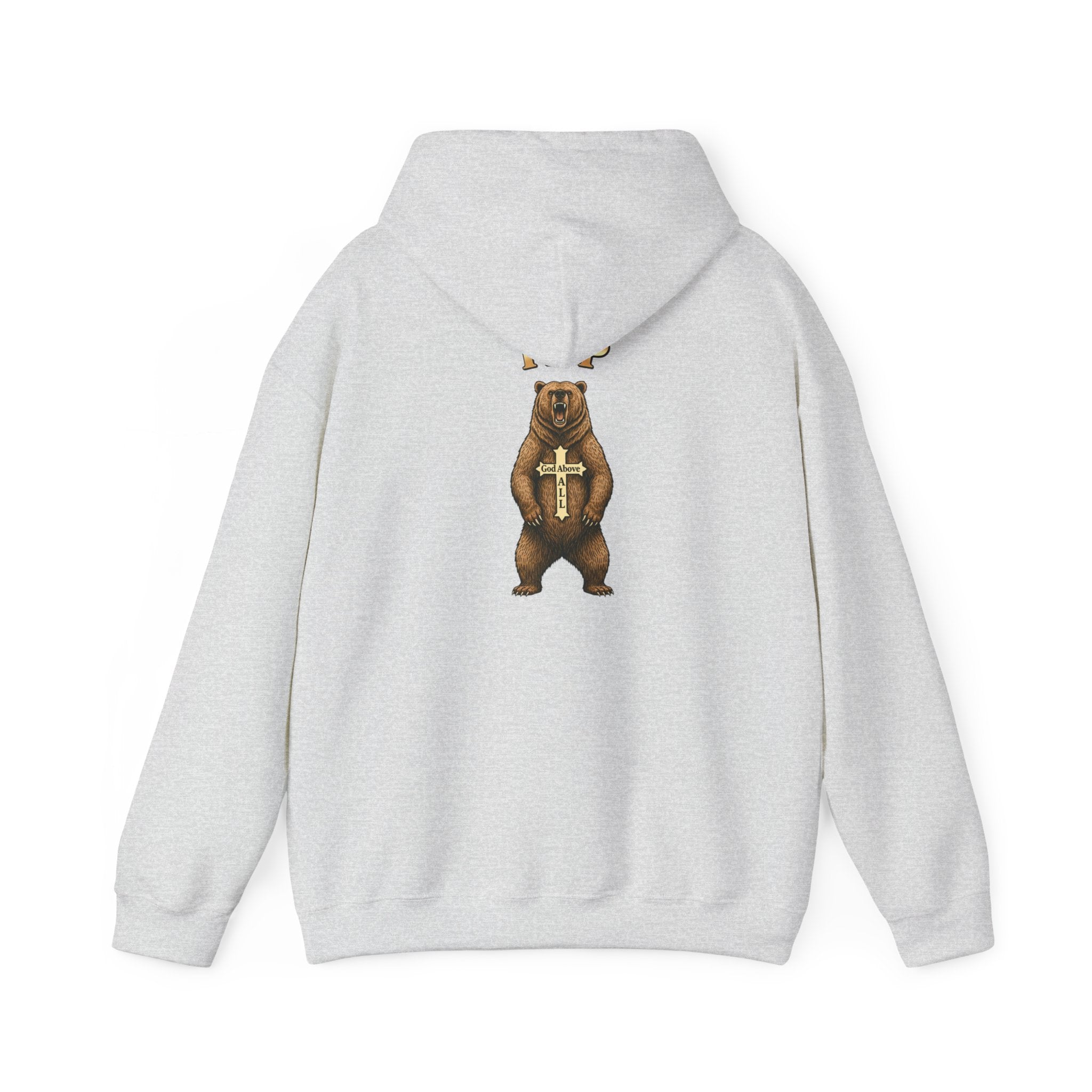Everything Through Him Hoodie — Bear Holding Cross Christian Faith Pullover - InspireWithPurpose