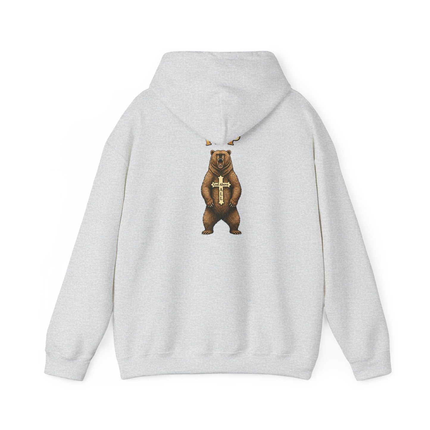 Everything Through Him Hoodie — Bear Holding Cross Christian Faith Pullover