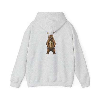Everything Through Him Hoodie — Bear Holding Cross Christian Faith Pullover