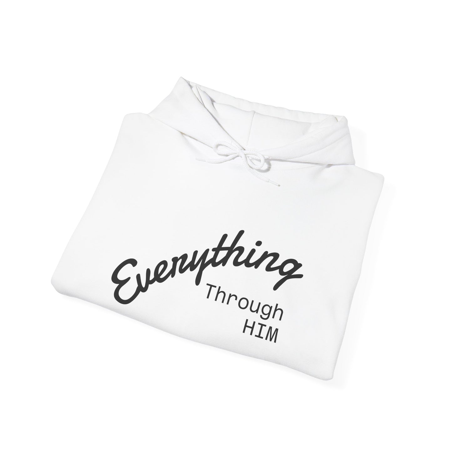 Everything Through Him Hoodie — Bear Holding Cross Christian Faith Pullover