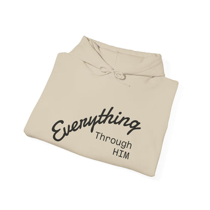 Everything Through Him Hoodie — Bear Holding Cross Christian Faith Pullover
