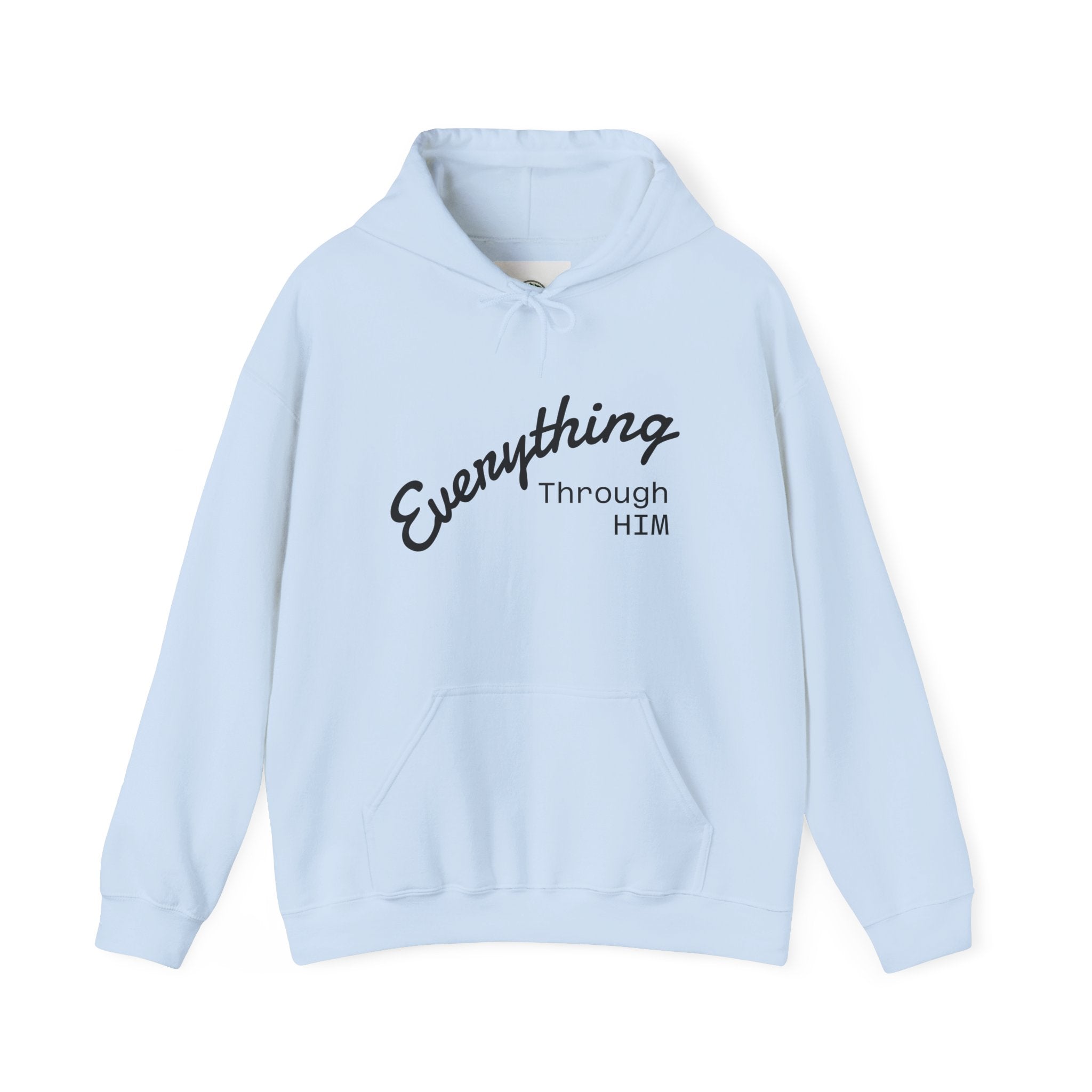 Everything Through Him Hoodie — Bear Holding Cross Christian Faith Pullover - InspireWithPurpose