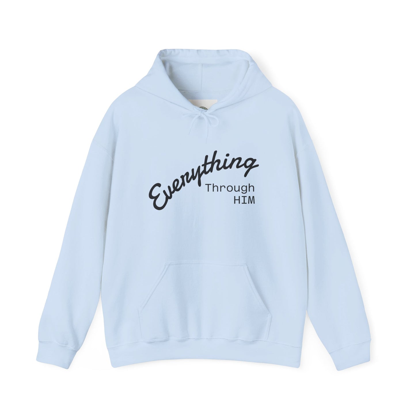 Everything Through Him Hoodie — Bear Holding Cross Christian Faith Pullover