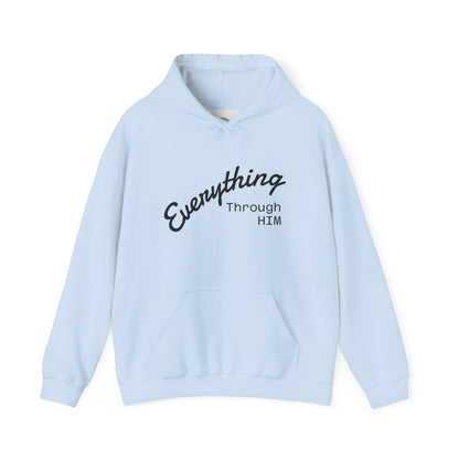 Everything Through Him Hoodie — Bear Holding Cross Christian Faith Pullover