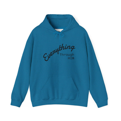 Everything Through Him Hoodie — Bear Holding Cross Christian Faith Pullover