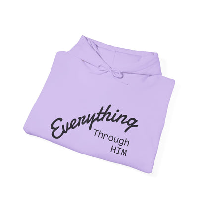 Everything Through Him Hoodie — Bear Holding Cross Christian Faith Pullover