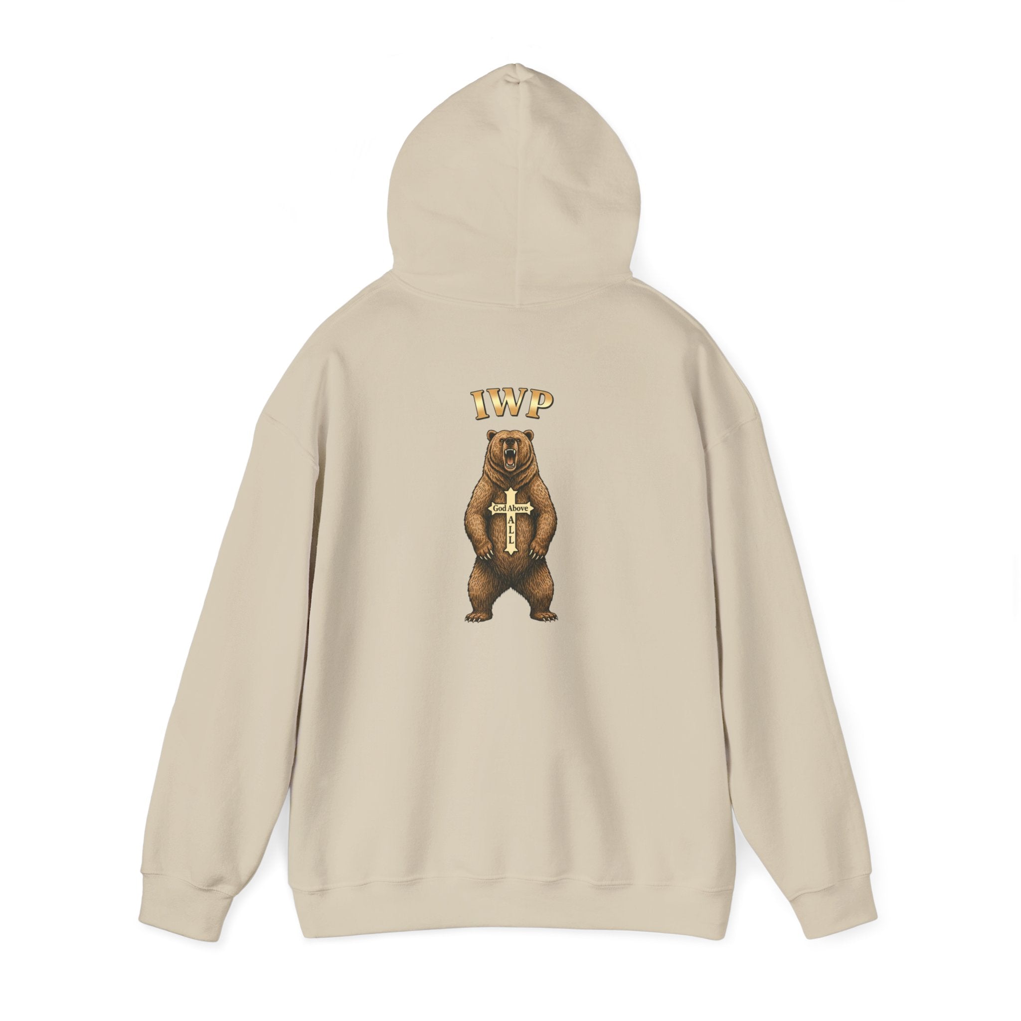 Everything Through Him Hoodie — Bear Holding Cross Christian Faith Pullover - InspireWithPurpose