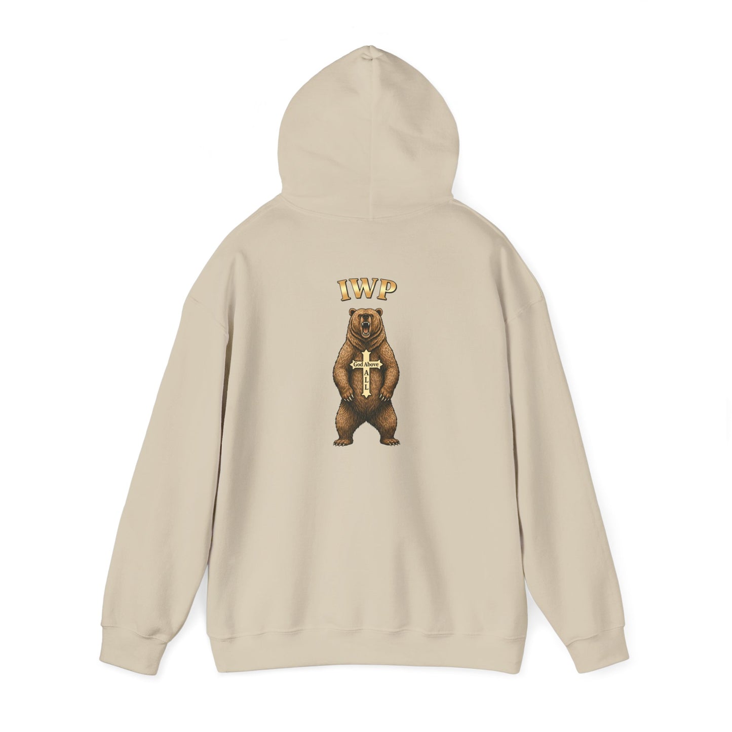 Everything Through Him Hoodie — Bear Holding Cross Christian Faith Pullover