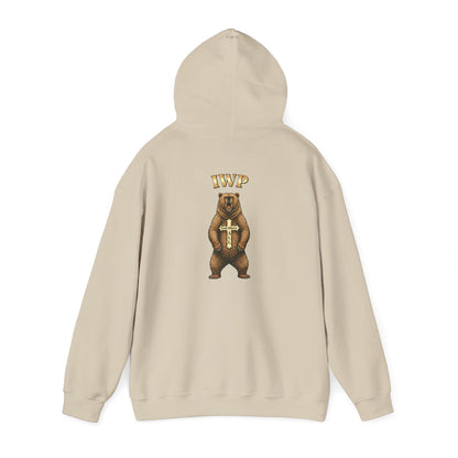 Everything Through Him Hoodie — Bear Holding Cross Christian Faith Pullover