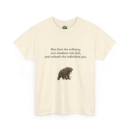 T-Shirt — Minimal Inspirational Quote Tee (“Near from the ordinary, seen shadows into fuel, and around the emboldened you.”)