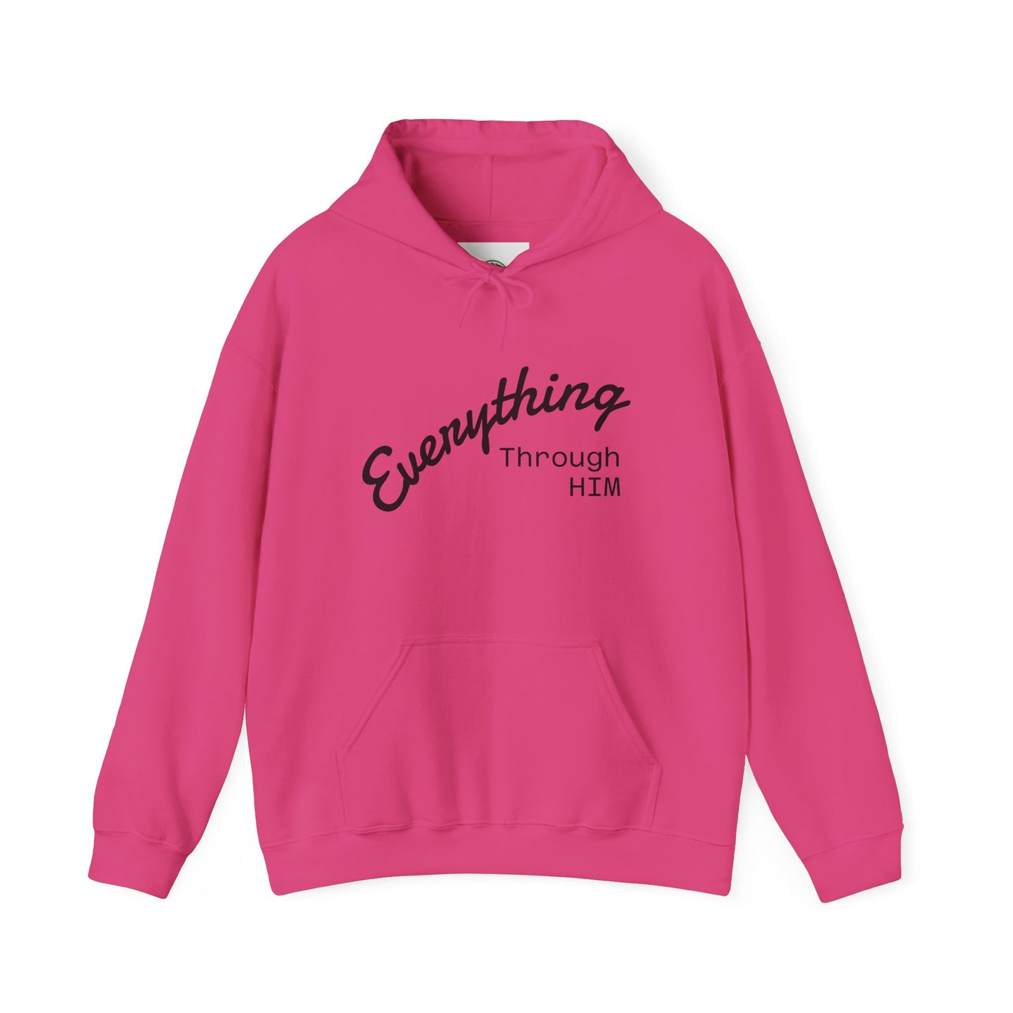 Everything Through Him Hoodie — Bear Holding Cross Christian Faith Pullover