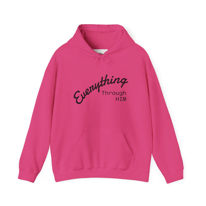 Everything Through Him Hoodie — Bear Holding Cross Christian Faith Pullover