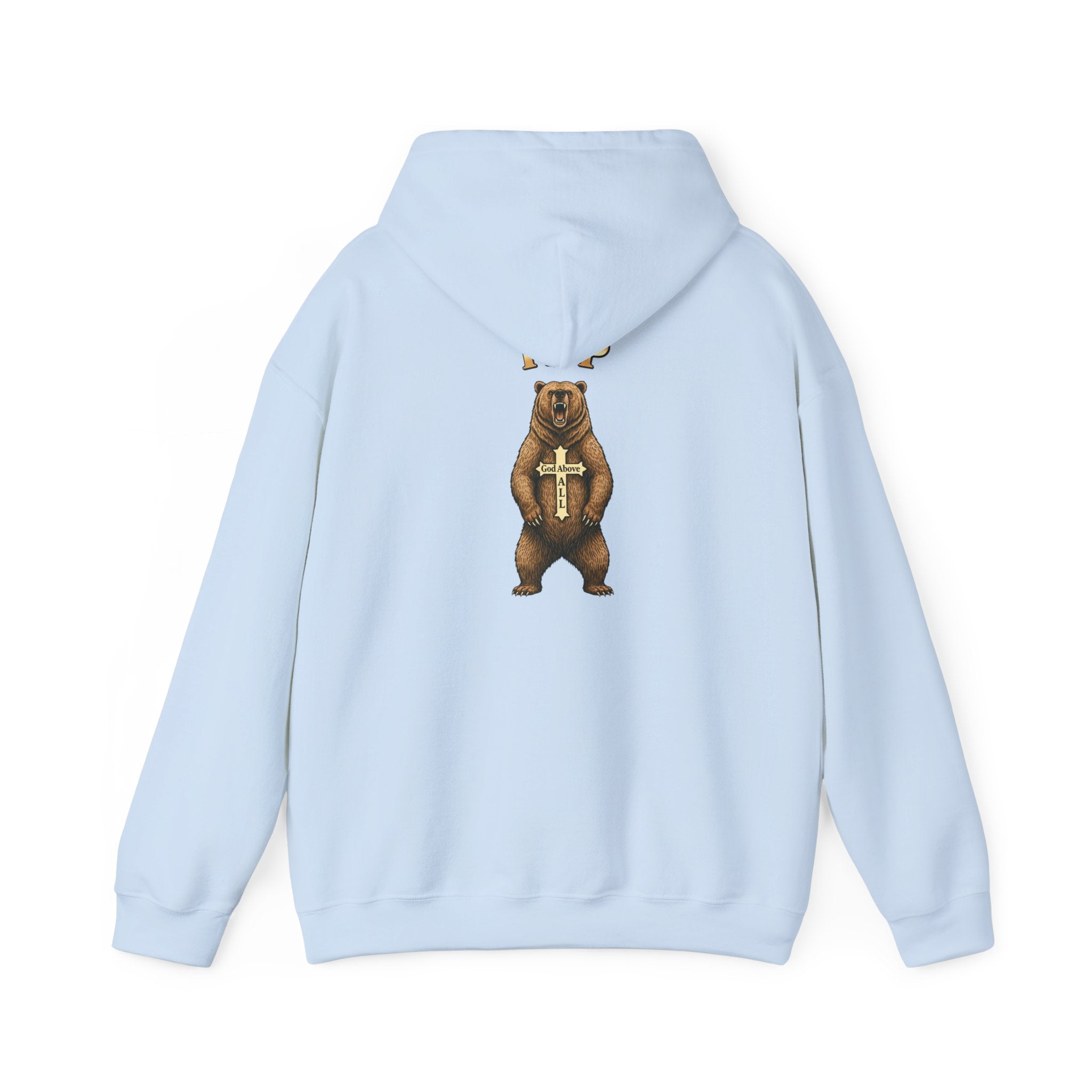 Everything Through Him Hoodie — Bear Holding Cross Christian Faith Pullover - InspireWithPurpose